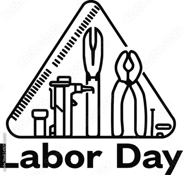 Fototapeta Labor Day Tools Emblem Featuring a Triangular Design with Ruler, Pliers, Wrench, Screwdriver, and Hammer Icons Above Bold Typography for Celebrating Workers, Craftsmanship, and Industrial Contribution