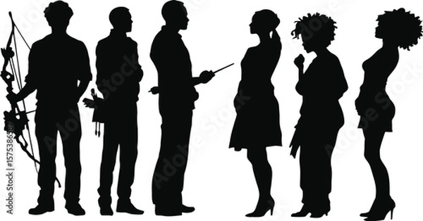 Fototapeta Silhouetted Professions & Personality Pose Set Featuring Archer, Mechanic, Educator, Confident Leader, Thinker, and Casual Character in Black Line Art