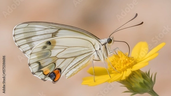 Fototapeta Closeup of White Butterfly on Yellow Flower Macro Photography