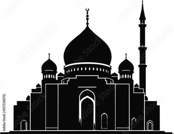 Fototapeta Mosque Silhouette Illustration Featuring Central Dome Flanked by Side Domes and Single Minaret in Minimalist Black Line Art