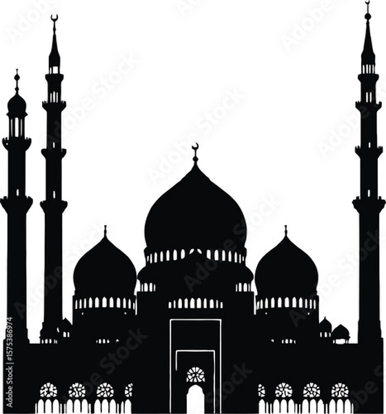 Fototapeta Mosque Architecture Silhouette Illustration Featuring Four Minarets and Layered Dome Structure in Black Line Art