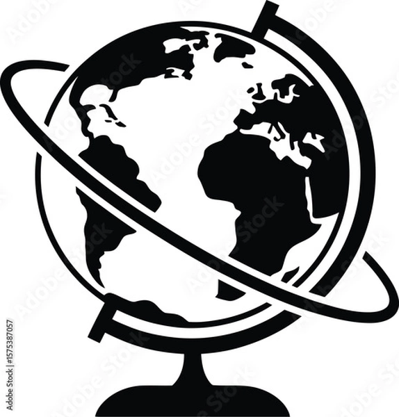 Fototapeta Global Geography Illustration Featuring Rotatable Globe Stand with Axis Ring and Visible Continents in Minimalist Black Line Art