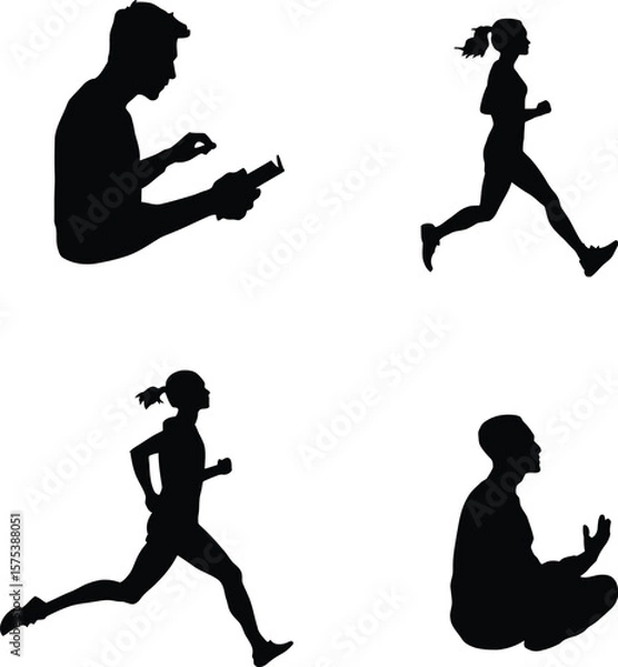 Fototapeta Activity Silhouettes Set Featuring Seated, Sprinting, Jogging, and Standing Figure with Device in Minimalist Black Line Art