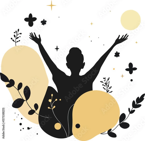 Fototapeta Celestial Joyful Expression Illustration Featuring Uplifted Human Silhouette Surrounded by Gold Botanical and Star Motifs