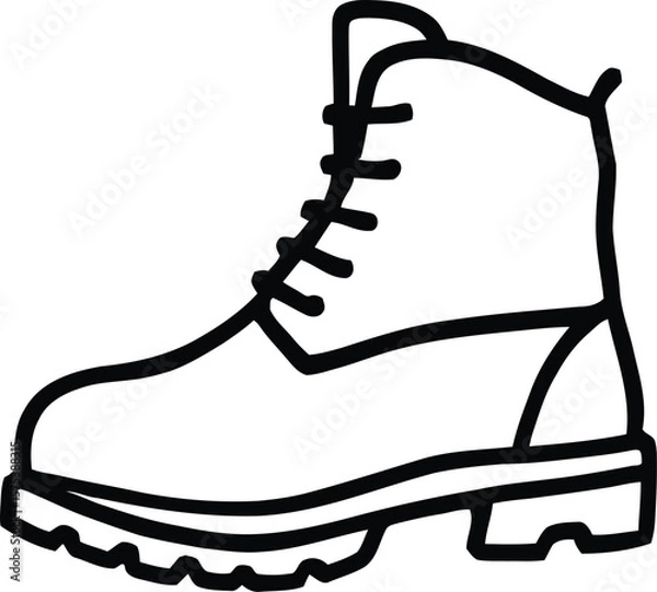 Fototapeta Sturdy Work Boot Illustration Featuring Rugged Sole, Tall Shaft, and Laced Design in Black and White Line Art