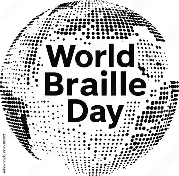 Fototapeta World Braille Day Dot Globe Illustration Featuring Tactile Circle Motif and Central Awareness Text in Black Monochrome