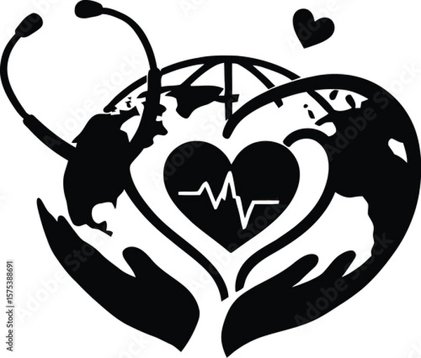 Fototapeta World Health Day Global Care Illustration Featuring Stethoscope, Globe, Heart Hands, and ECG Symbol in Minimalist Design