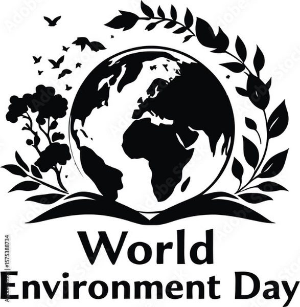 Fototapeta World Environment Day Earth Illustration Featuring Leafy Branches, Flying Birds, and Bold Typography Around Africa-Asia Map View