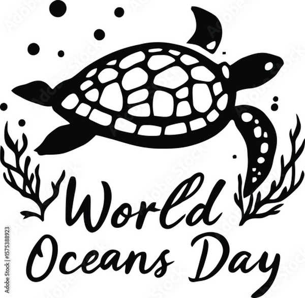 Fototapeta World Oceans Day Sea Turtle Illustration Featuring Swimming Turtle Surrounded by Bubbles and Seaweed with Stylized Text