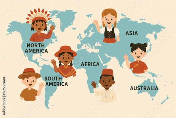 Fototapeta Children in traditional cultural outfits from different continents standing on world map for global diversity and multicultural education concept illustration