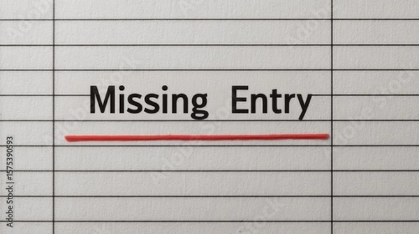 Fototapeta Misappropriation Concepts. A lined notebook page displays the phrase "Missing Entry" sharply underlined in red, a visual cue to a concealed gap in the internal logging or accounting system.