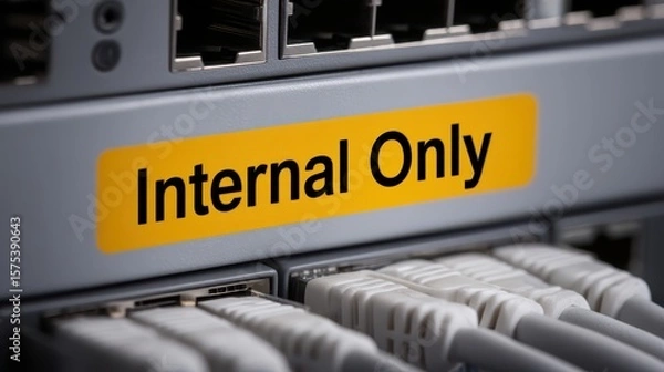 Fototapeta Misappropriation Concepts. Close-up of network cables plugged into a switch labeled "Internal Only" indicating restricted access to internal network infrastructure.