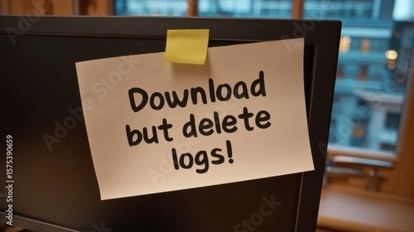 Fototapeta Misappropriation Concepts. A note taped to a computer screen reads "Download but delete logs!" in a casual handwritten font.