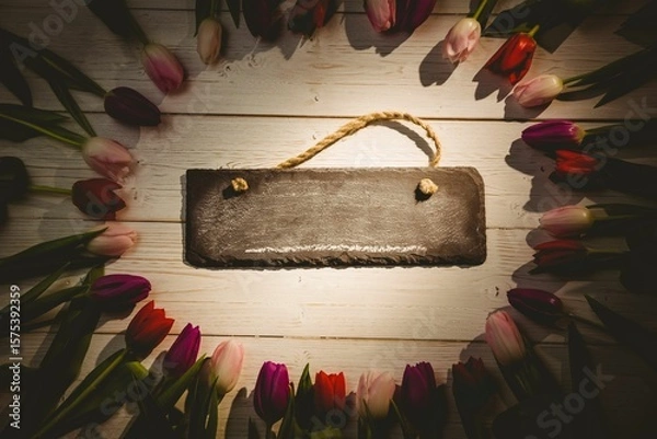 Obraz Flat design is showing blank chalkboard sign with rope handle on white plank with tulip wreath