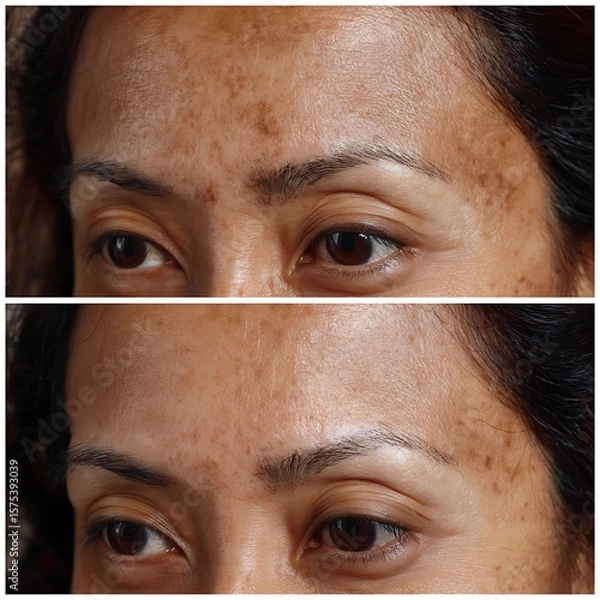 Fototapeta Close-up of forehead and temples, freckles faded, neighboring skin tone looks closer.