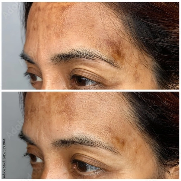 Fototapeta Close-up of forehead and temples, freckles faded, neighboring skin tone looks closer.