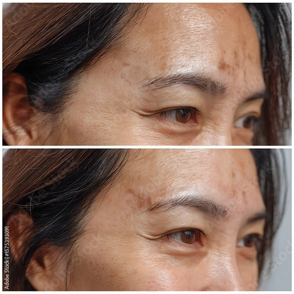 Fototapeta Close-up of forehead and temples, freckles faded, neighboring skin tone looks closer.