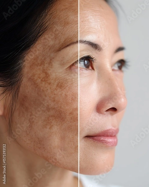 Fototapeta A 30+ year old Asian woman with postpartum melasma recovered after using a product that is safe for breastfeeding mothers.