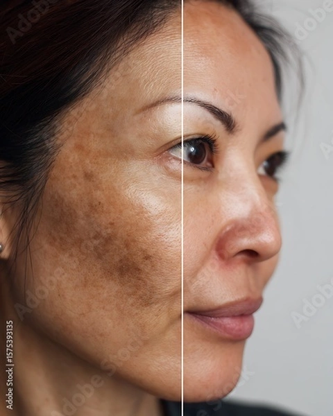 Fototapeta A 30+ year old Asian woman with postpartum melasma recovered after using a product that is safe for breastfeeding mothers.