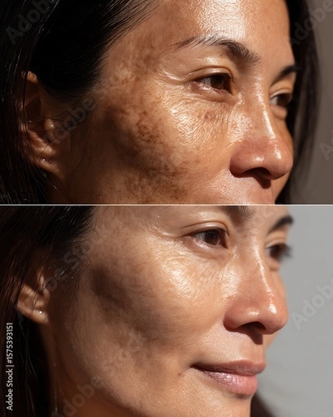 Fototapeta A 30+ year old Asian woman with postpartum melasma recovered after using a product that is safe for breastfeeding mothers.