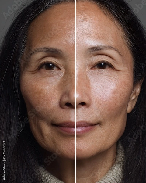 Fototapeta A 60-year-old Asian woman with very visible melasma. After spot laser treatment, her skin is smoother, melasma is thinner, and she doesn't wear makeup.