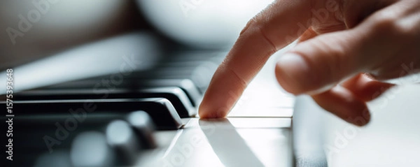 Obraz Close-up of a hand gently pressing piano keys in a cozy indoor setting during a quiet evening