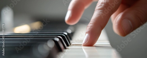 Obraz Close up of a hand pressing a piano key in a softly lit room during a music practice session