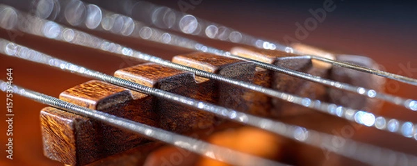 Obraz Strings shimmer under light on a wooden guitar bridge showcasing craftsmanship and precision