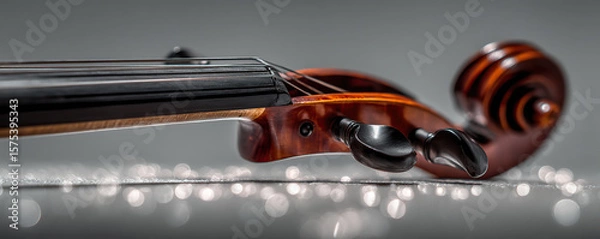 Obraz Beautiful wooden violin resting on soft surface with sparkling lights in the background, showcasing its elegant design and craftsmanship
