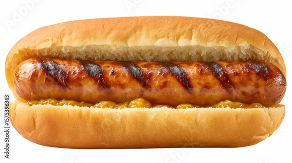 Fototapeta Grilled sausage hot dog with mustard, isolated on pure white background. Charred sausage in soft bun, ultra-sharp studio food photo for easy cut-out.