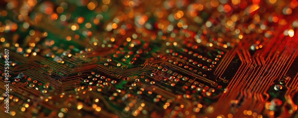 Obraz Close-up view of a vibrant circuit board showcasing intricate patterns and connections with glowing lights