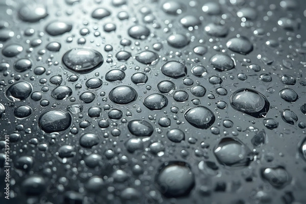 Fototapeta Macro shot of water droplets on a smooth, reflective surface, creating a clean, abstract pattern with cool lighting tones