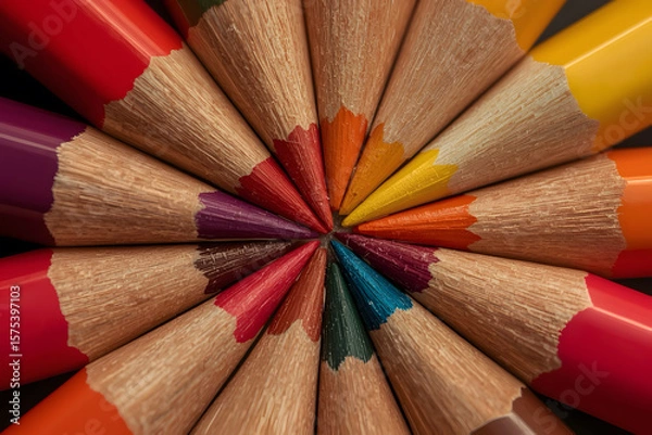 Fototapeta Colorful pencils tips arranged in a circular pattern, with visible wood grain and pigment texture