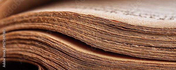 Obraz Close-up view of an old book showcasing its worn pages and detailed texture during a quiet reading session