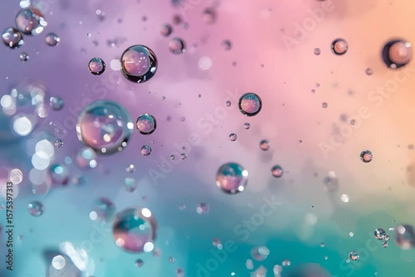 Fototapeta Macro shot of water droplets on a smooth, reflective surface, creating a clean, abstract pattern with cool lighting tones