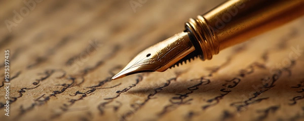 Obraz Elegant fountain pen poised above vintage parchment showcasing flowing cursive writing in a classic style