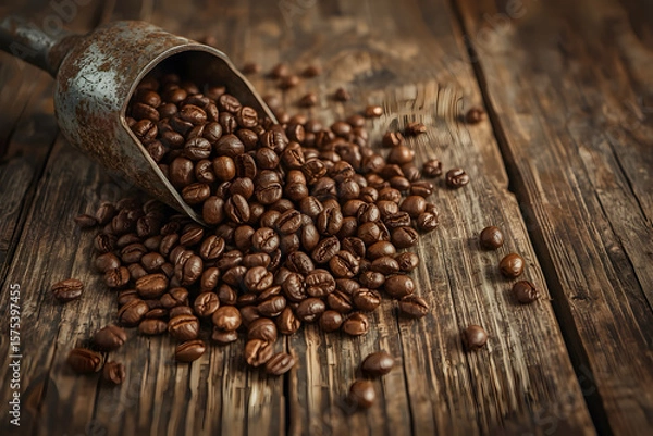 Fototapeta Macro shot of freshly ground coffee beans spilling from a scoop onto a wooden table