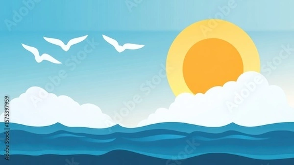 Fototapeta Ocean, sun, clouds, birds.  Simple summer scene