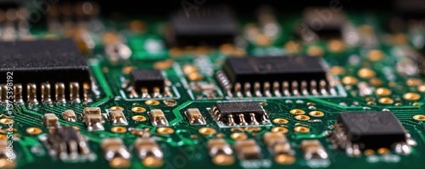Obraz Close-up view of circuit board showcasing intricate electronic components and connections during assembly process