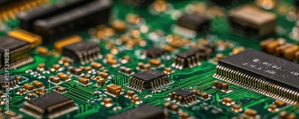Obraz Detailed close-up view of electronic circuit board showcasing components and connections in a well-lit environment