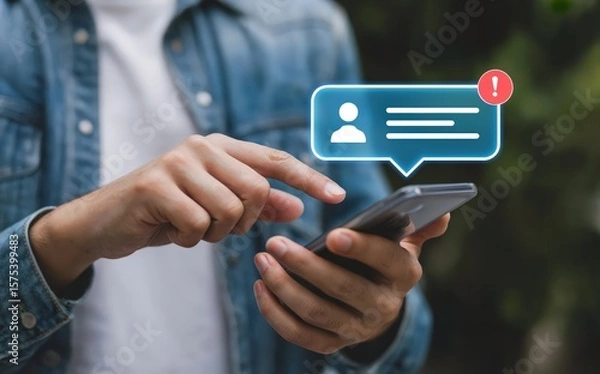 Fototapeta Person checks notifications on smartphone with attention icon alert