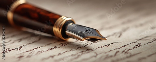 Obraz Elegant fountain pen resting on handwritten parchment showcasing intricate script and rich ink patterns