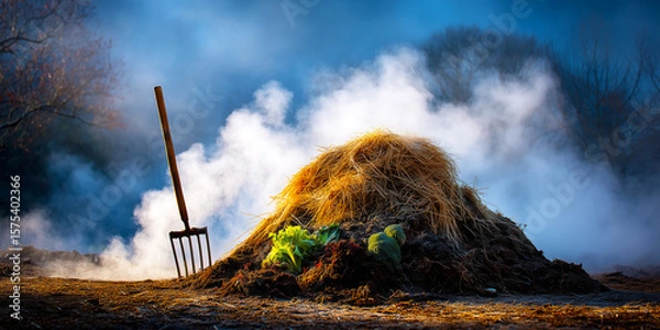 Fototapeta Steaming compost heap in the morning with pitchfork and greens