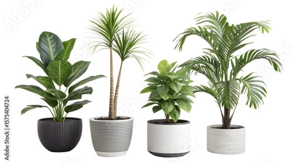 Fototapeta A curated collection of four distinct indoor potted plants featuring lush green foliage and modern planters perfect for enhancing home decor and interior design aesthetics