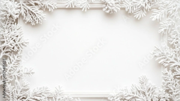 Fototapeta Christmas frame decorated with green fir branches and festive elements isolated on white background