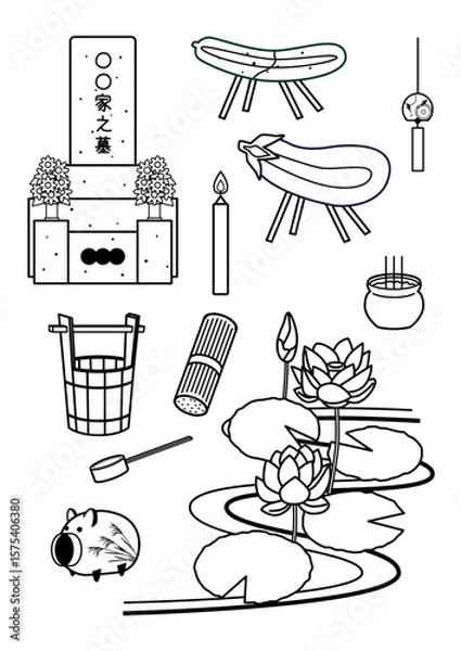 Obraz お盆のイラストセット　白黒