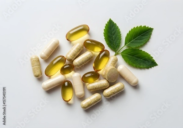 Obraz Assorted Nutritional Supplements and Natural Green Leaf on Clean White Background