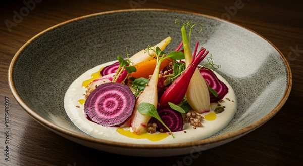 Fototapeta Microgreen salad with concentric beets and colorful root garnishes