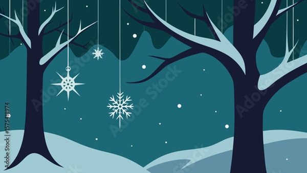 Fototapeta Winter Wonderland Snowflakes and Trees in a Snowy Forest Night Scene