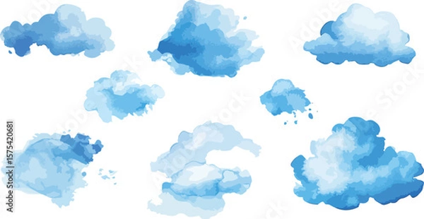 Obraz Watercolor Blue Clouds on White Background Seamless Pattern Sky Illustration